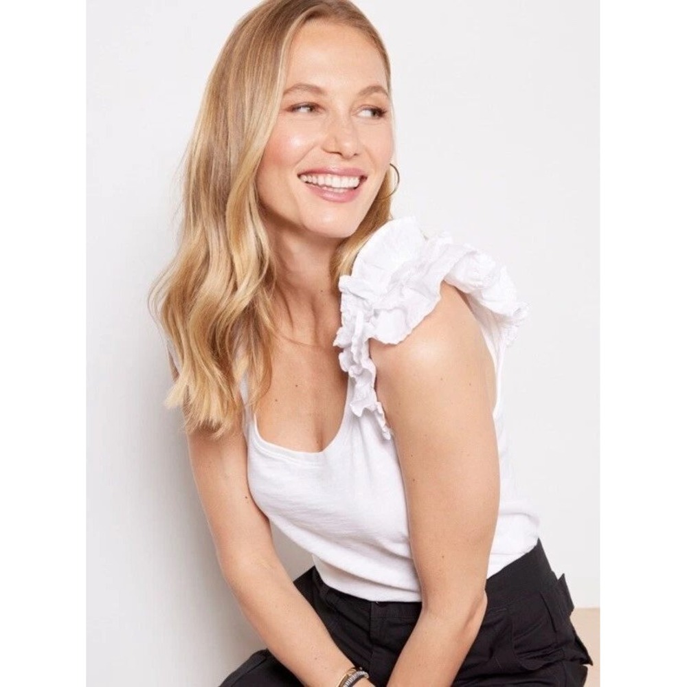 Nation LTD Cotton Blend Valentina Ruffle Sleeve Tank Top White Women's Size L